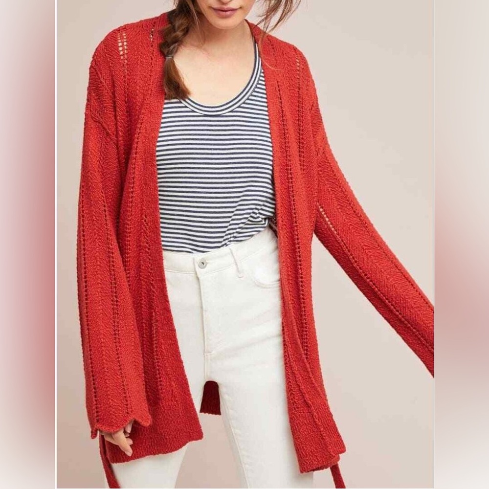 Anthro Meadow Rue Pointelle Chunky Knit Cardigan Sweater, size Small